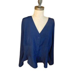 Eloquii Size 16 Navy Blue Cropped Long Sleeve Blouse Top
